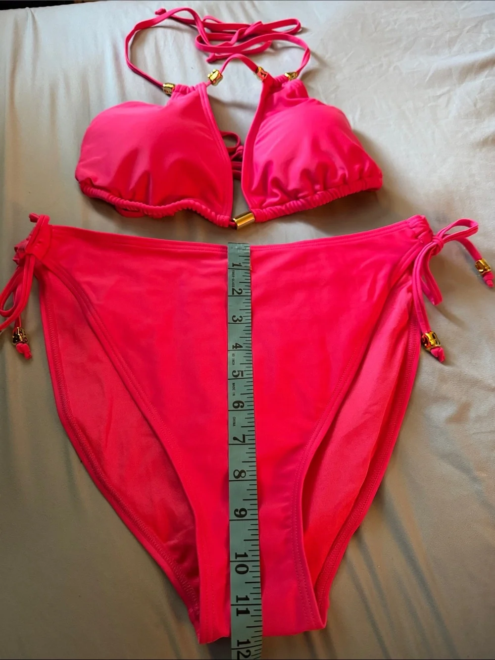 NWT Hot Pink High Waisted Halter Bikini Set with Gold Hardware Size L
